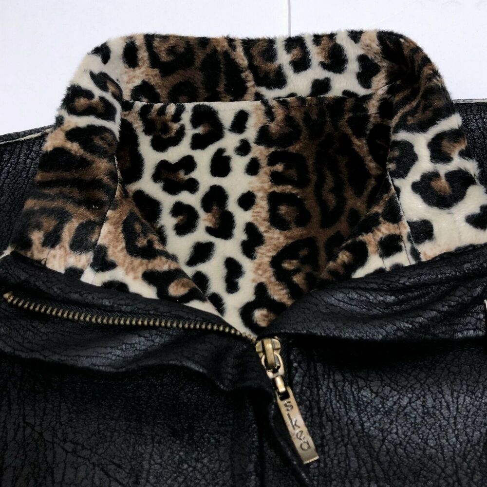 Skea Vail Colorado Vegan Leather Jacket Animal Print Faux Fur Trim Womens 4 LkNw - Picture 4 of 8